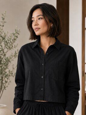 Athleta Paradise Cropped Linen Blend Shirt Black Button Down Top L